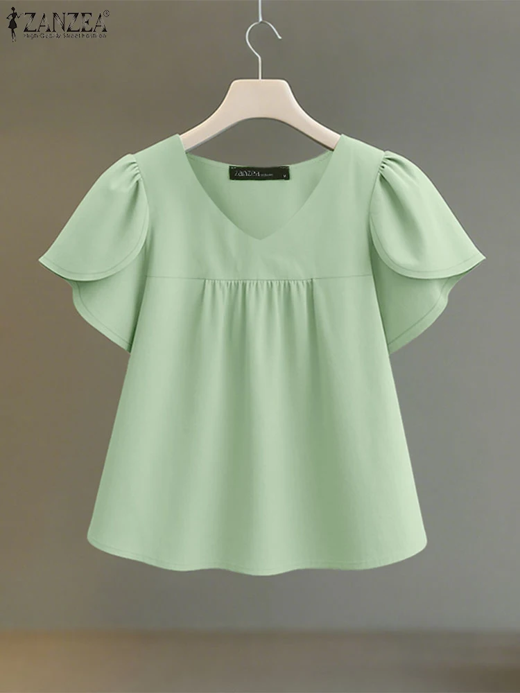 

2025 ZANZEA, летняя офисная блузка, элегантная рубашка, женская блузка с v-образным вырезом и коротким рукавом, повседневные OL рабочие топы, женская стильная однотонная туника