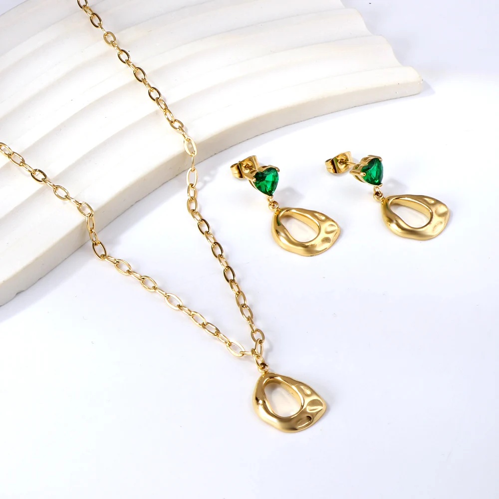 LUXUSTEEL Vintage Necklace Earrings Jewelry Sets For Women Ladies Stainless Steel Geometric Irregular Green Crystal Heart Studs