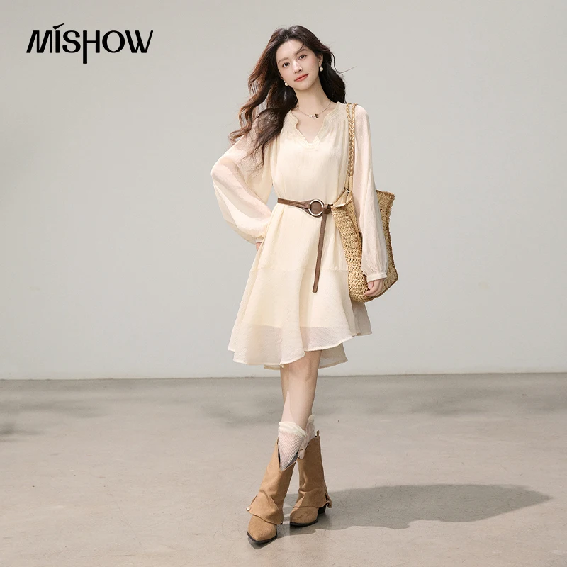 MISHOW Orange Texture V-neck Dress Summer 2026 Waist-cinching Slimming Ruffle Irregular A-Line Skirt Belt Included MXF16L2582