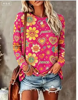 Women Long Sleeve T‑Shirt Hippie Daisy Butterfly Peace Sign Print Crew Neck Loose Casual Daily Tops - view 3