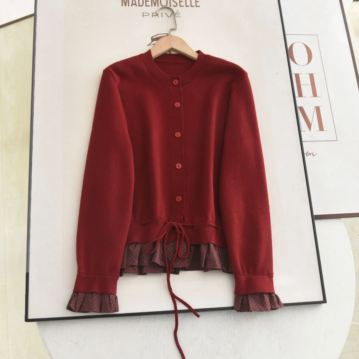 

Red Plaid Splice Belted Waist Slimming Women's Knitted Open Cardigan Spring 2026 Casual Sle Long Sve round Ne Sweater