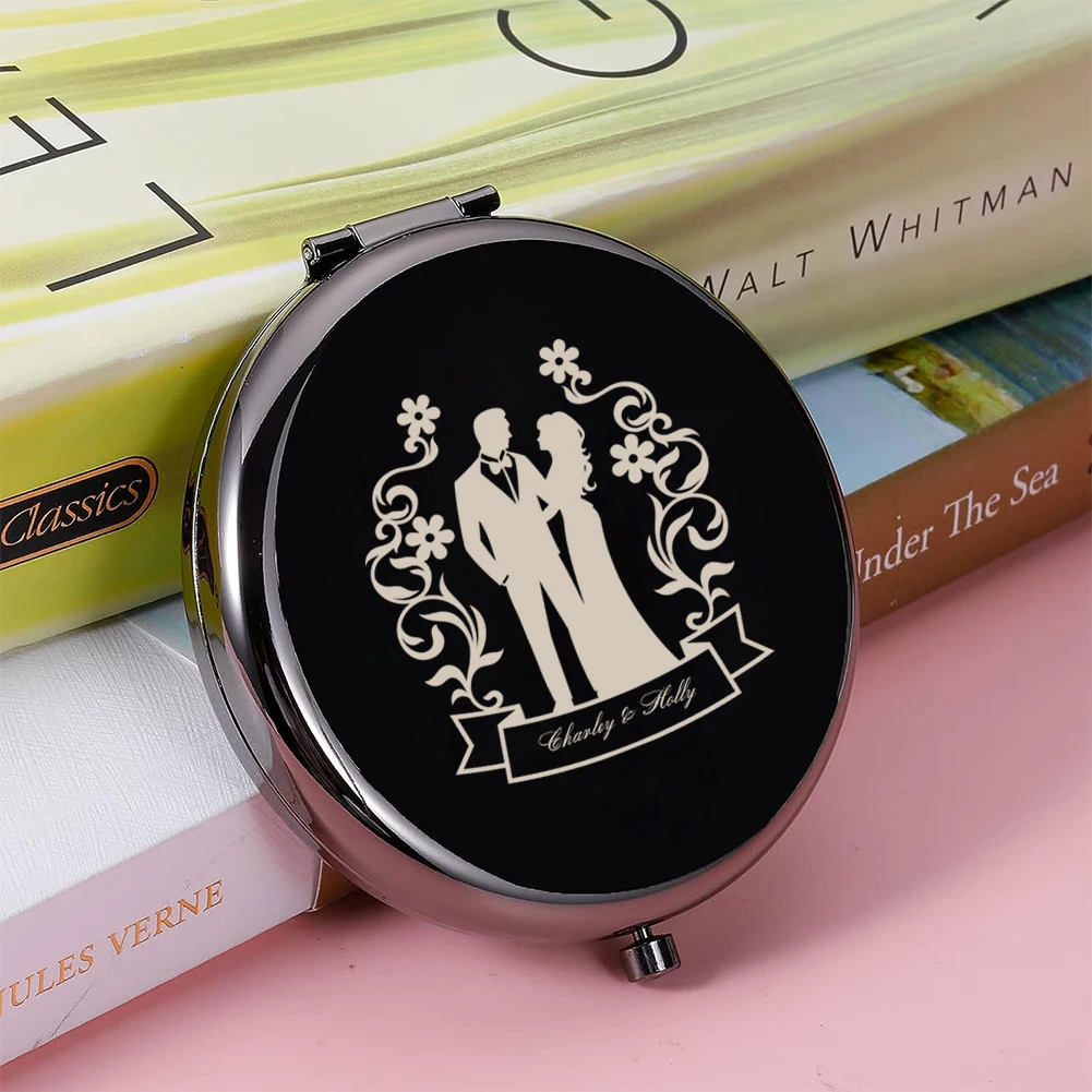 

1pc spouse New Old Engraving Customized Name pocket Mirror Metal gold For Wedding Bride