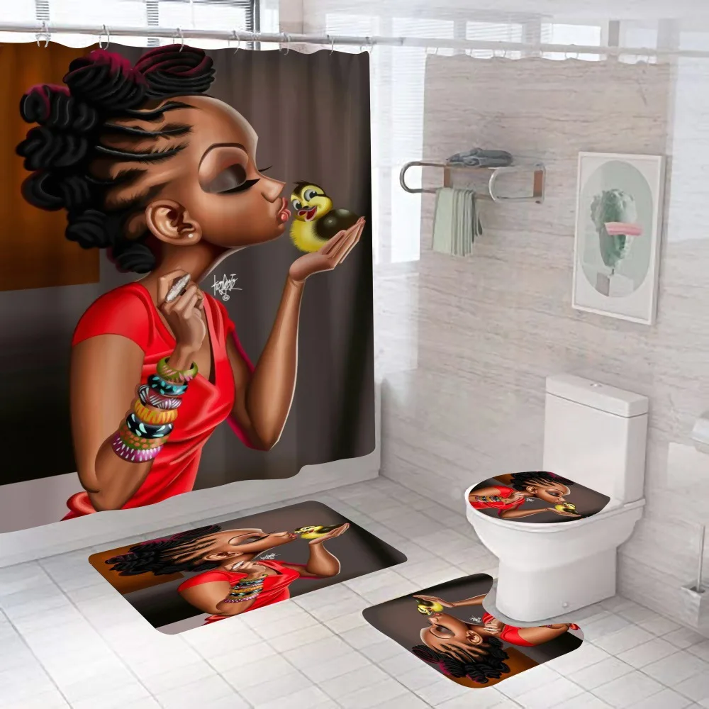 4pcs/Set Bathroom Mat Set Anti-Slip African Girl Series Waterproof Shower Curtain Polyester Cloth Floor Mat Washable Toilet Mat