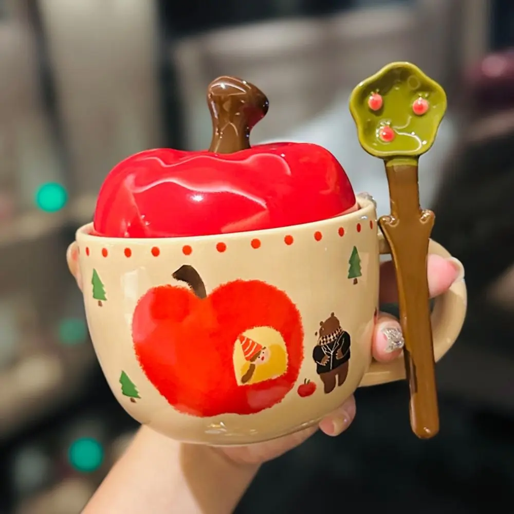 

Cute Ceramic Fruit Shape Mug 420ml Cartoon Couple Water Cup with Lid and Spoon Coffee Mug Gift