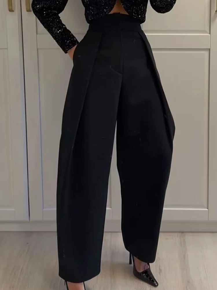    Pantaloni a palloncino drappeggiati da donna nuovi Pantaloni casual da strada larghi con cerniera a gamba larga Pantaloni solidi chic da donna semplici alla moda