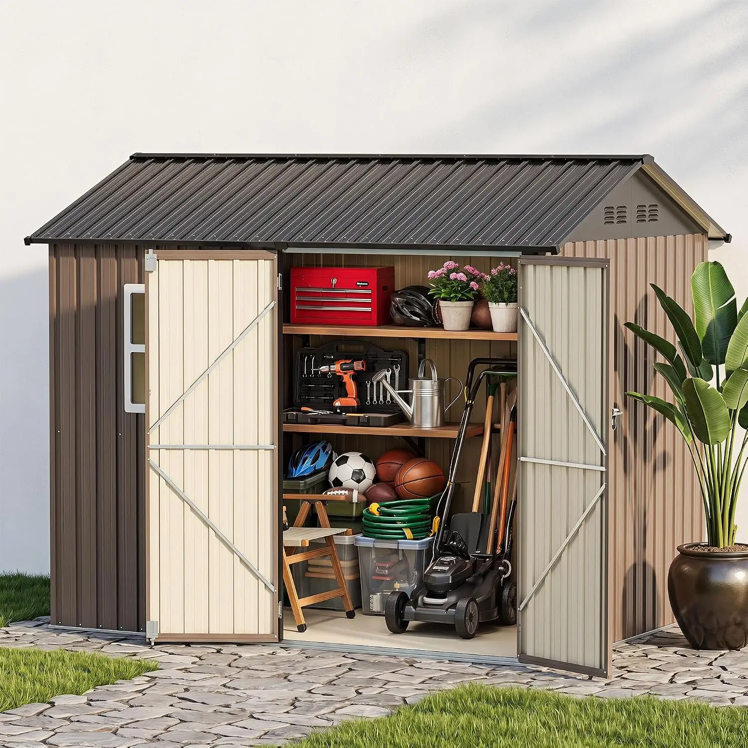 8 x 6 FT Outdoor Storage Shed with Window, Galvanized Steel Storage Shed, Double Lockable Doors, Gable Roof & Air, Customized