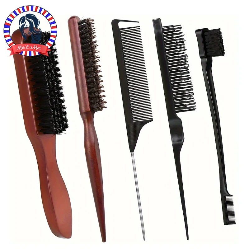 4pcs/5pcs Boar Bristle Hair Brush & Comb Set-Unisex Edge Control Styling Kit for Slick Back Teasing Smoothing-Curly &Normal Hair