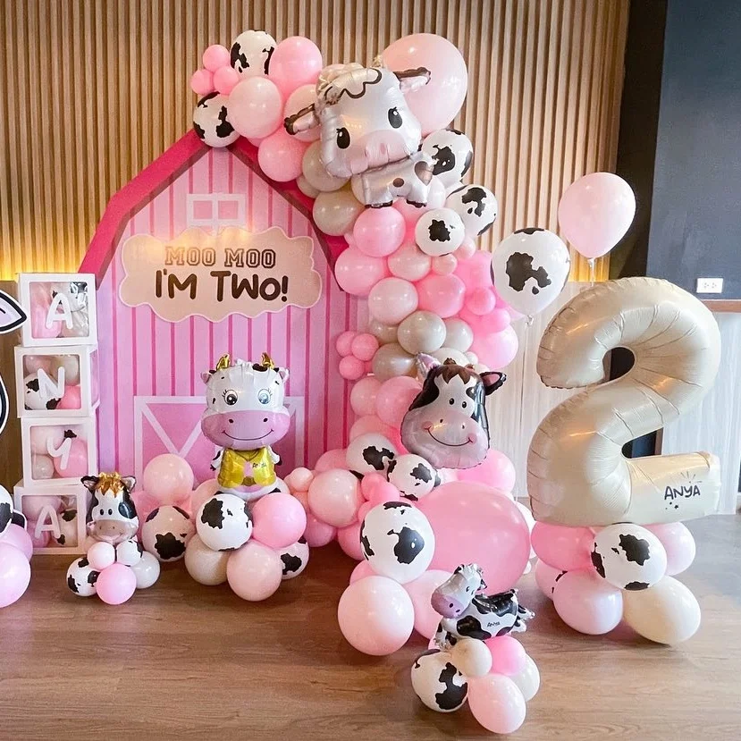 1set Carton Cow Pig Farm Animal Balloon Tower Pink Foil Number Balloons for Kids Farmland Birthday Party Decoration Supplies