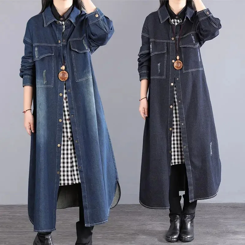 Große Größe frauen Koreanische Denim Hemd Kleid Frühling Lose Lange Denim Mantel Weibliches Hemd Lange Kleider einreiher JJ628