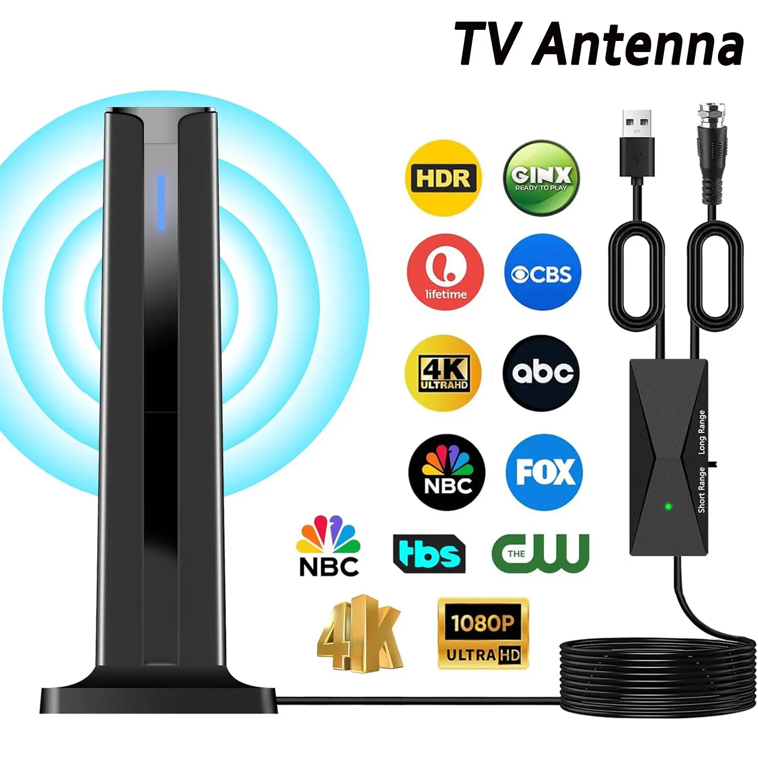 Antena de TV Digital Inteligente para Interiores, 1080P 4K HDTV, Recepción de Largo Alcance de 360 Grados con Base de 3 Metros para Canales Locales de ABC, NBC y FOX