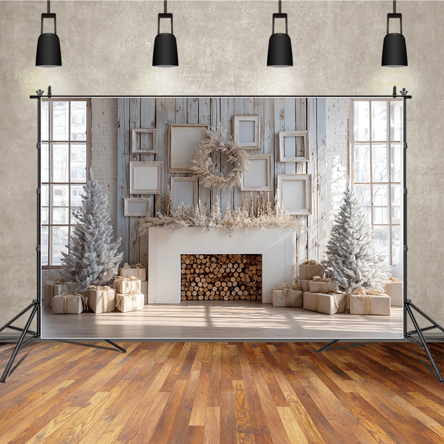 

MOON.QG White Winter Fireplace Window Xmas Trees Christmas Background Backdrop Family Studio Photography Accessories Photo Booth