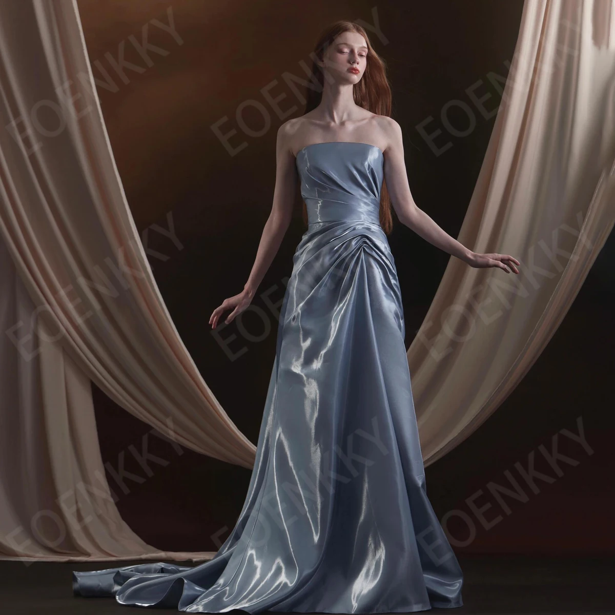 

EOENKKY Blue Satin Prom Dress Woman Sleeveless Strapless Celebrity Party Dresses Detachable Train Customized платье вечернее