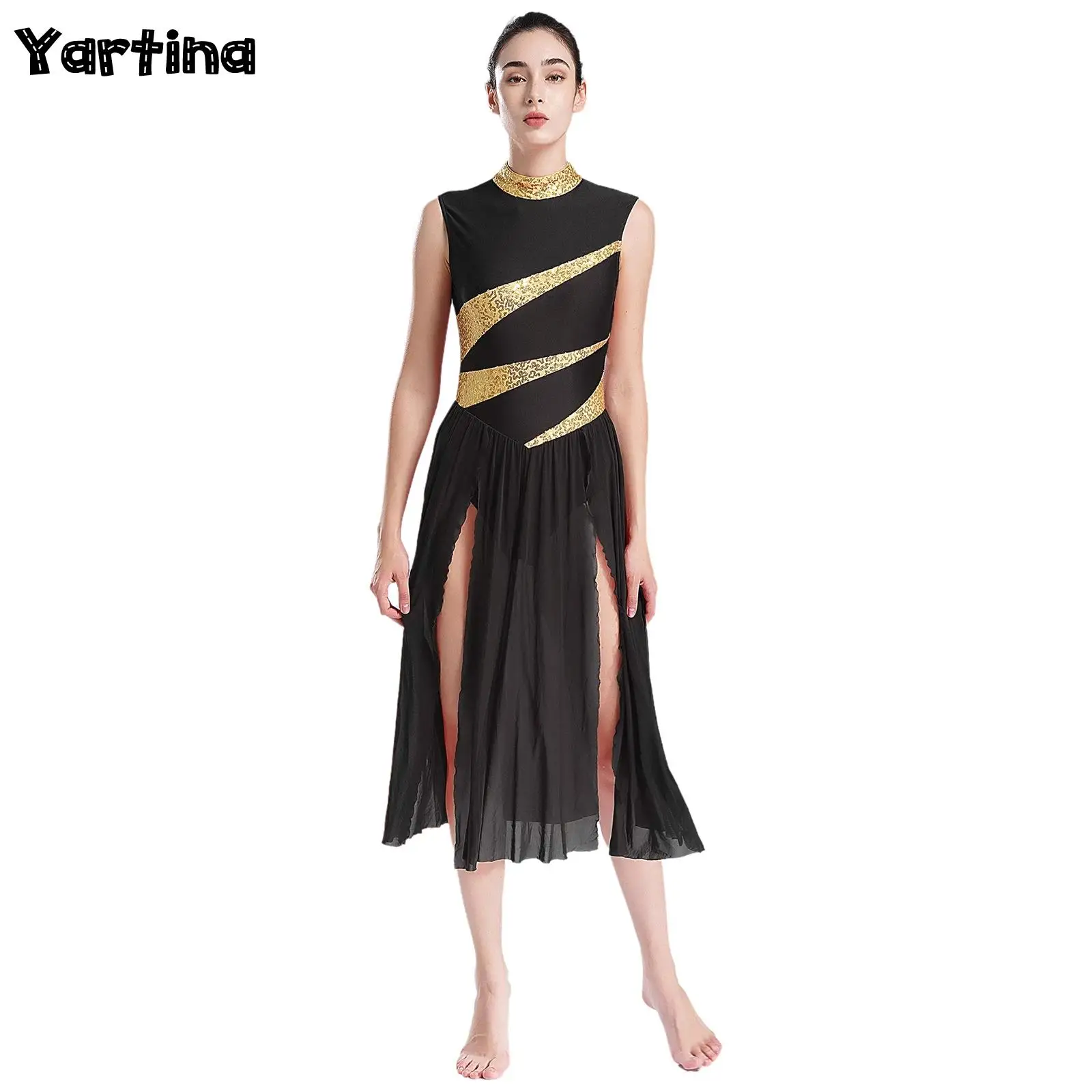 Ginástica Feminina Lantejoulas Brilhantes Fantasia, Performance de Dança Lírica, Collant Split, Malha Tule, Vestido de Louvor, Patinação Artística, Balé