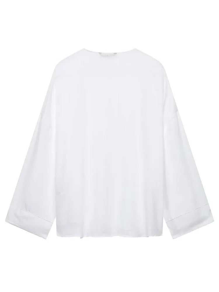 HH Women Summer Casual White Satin Blouse V Neck Long Sleeve Button Front Loose For Beach Vacation Holiday Party Daily Casual