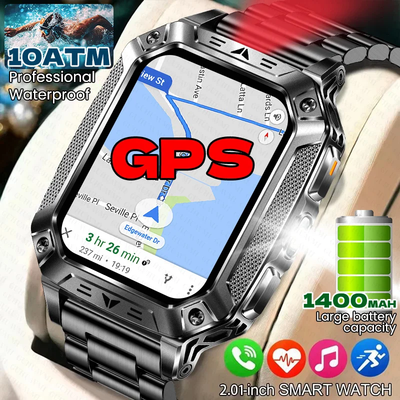 

Новые мужские умные часы с GPS для активного отдыха, аккумулятор 1400 мАч, водонепроницаемость 10ATM, Bluetooth-вызовы, фонарик, SOS, двойная вспышка, AMOLED-экран 2.01 дюйма