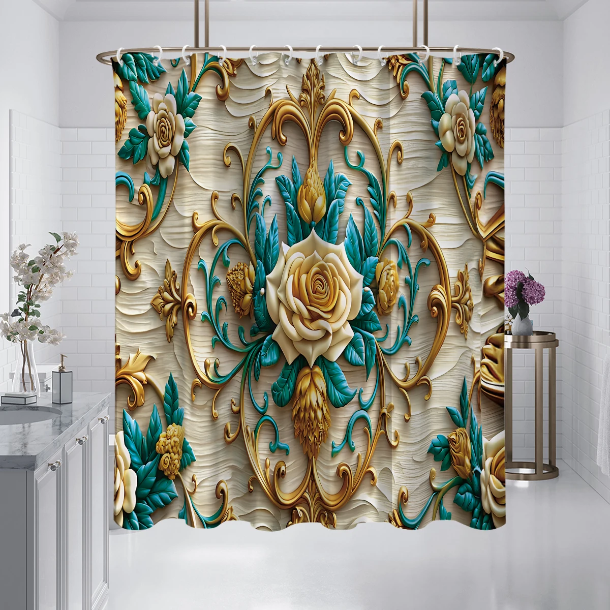 

1 шт., занавеска для душа с рельефным цветочным узором, водонепроницаемая, моющаяся, с 12 крючками, для ванной комнаты, душа, ванны, для домашнего использования
