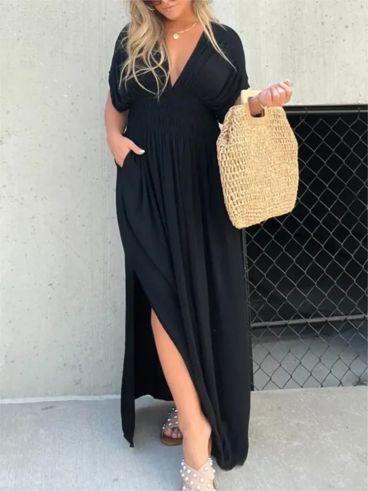 

Summer New Solid Color Long Dresses Women V-neck Backless Leace-up Bat Sleeve Slit Dress Fashion Casual Beach Vacation Vestidos