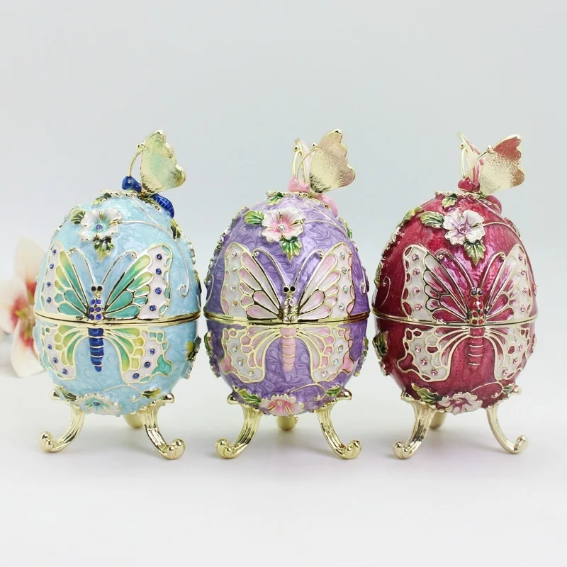 

SHINNYGIFTS Butterfly Easter Egg Trinket Box Faberge Egg Style Hinged Jewelry Box Metal Figurine for Home Decor Easter Gifts