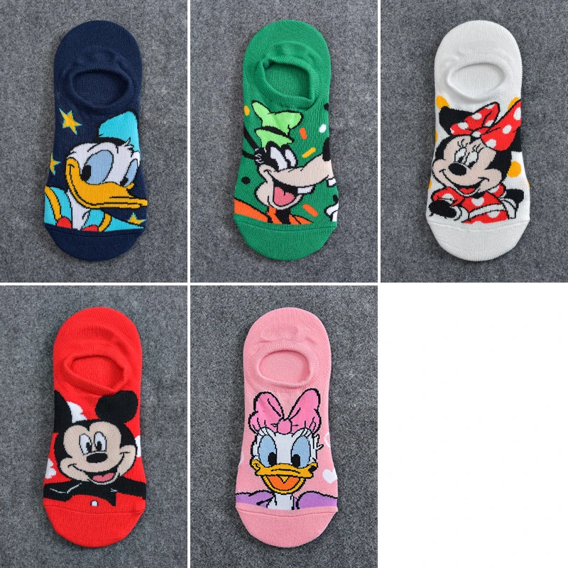 5Pairs Cotton Women Sock Mickey Minnie Winnie Daisy Cartoon Girl Slipper Sock Funny Cute Non-slip Silicone Invisible Ankle Sock