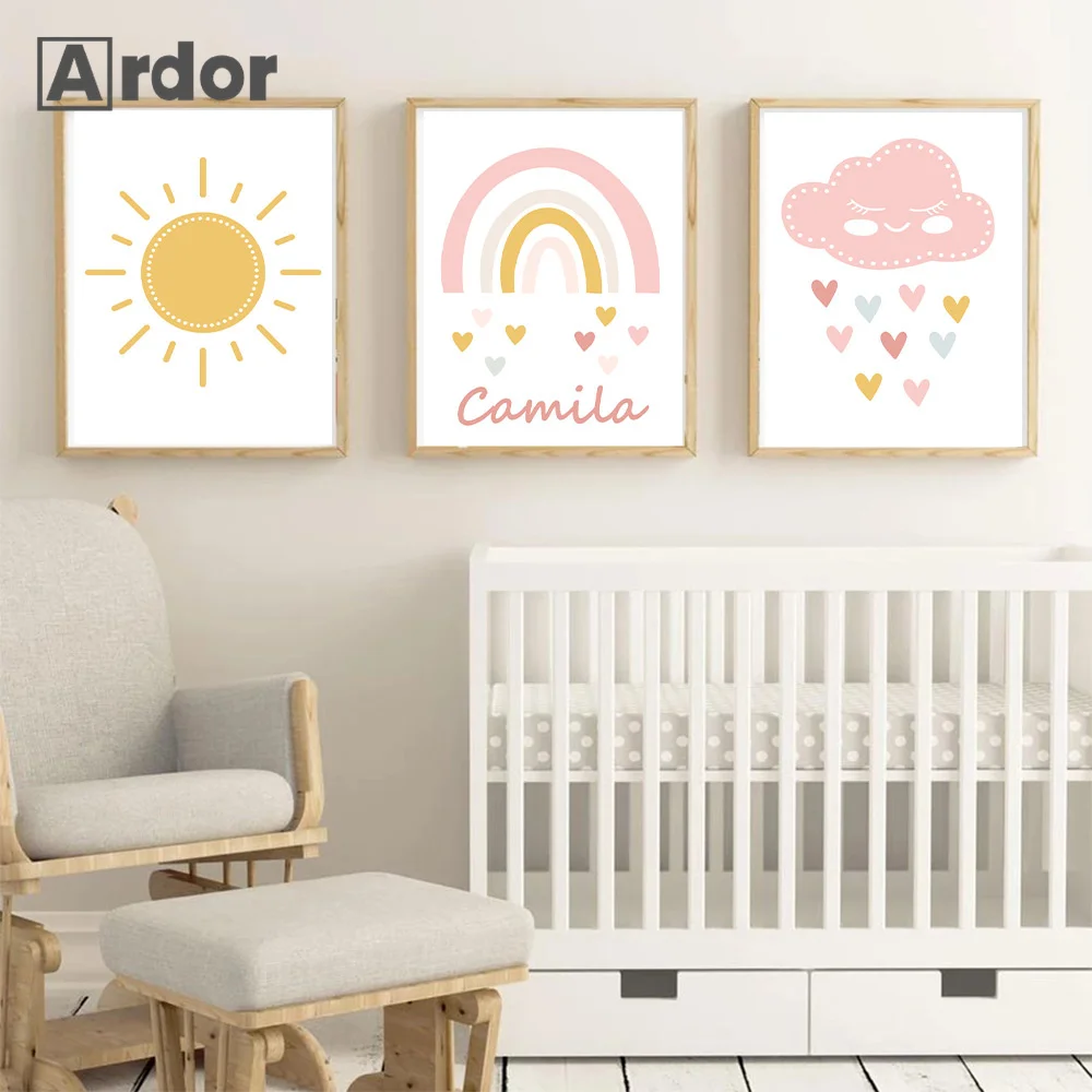 

Custom Name Rainbow Canvas Painting Pink Sun Cloud Poste Heart Art Print Nordic Nursery Wall Pictures Baby Girls Bedroom Decor