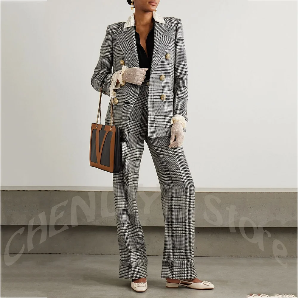 Elegant Women's Suits Office Lady Outfit High Quality Peak Lapel Double Breasted Business Casual Formal Clothes Two Pieces