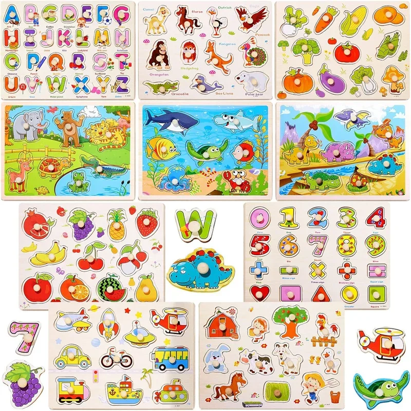 

Wooden Montessori Pegboard Puzzle For Toddlers - Letters, Numbers, Fruits & Shapes Learning Toy, Jigsaw Learning Puzzles