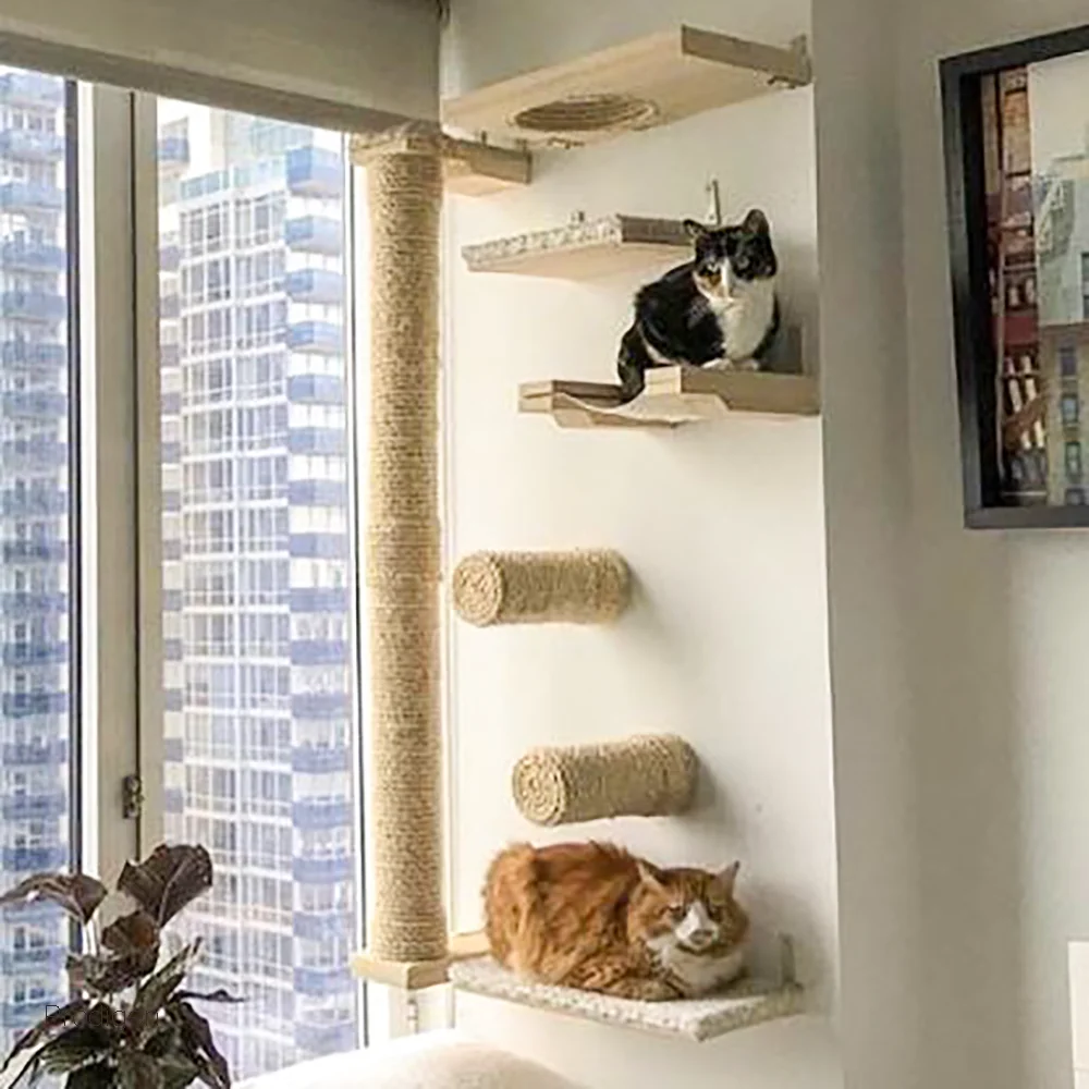 Wall Mounted Cat Climbing Wood Shelves Cat Hammock with Jumping Platform or Scratching Post for Cat Playing and Sleeping