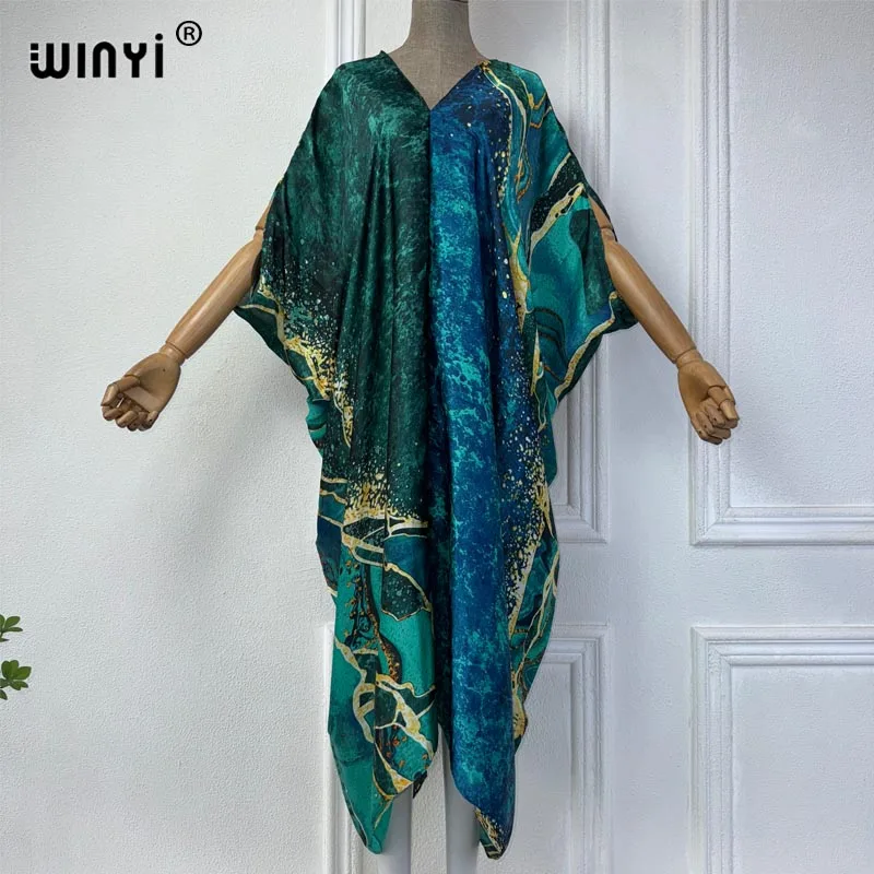 WINYI Summer african V-neck dress Printed beach wear women 2024 Loose Femme Robe Muslim beach cover ups silk feel evening dress