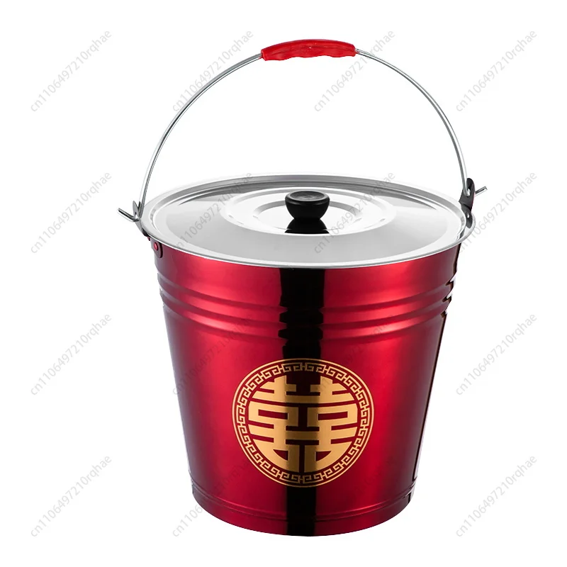 

Wedding Happy Bucket Bride Dowry Set, Red Stainless Steel Offspring Bucket for New Home, Thickened Household Iron Bucket