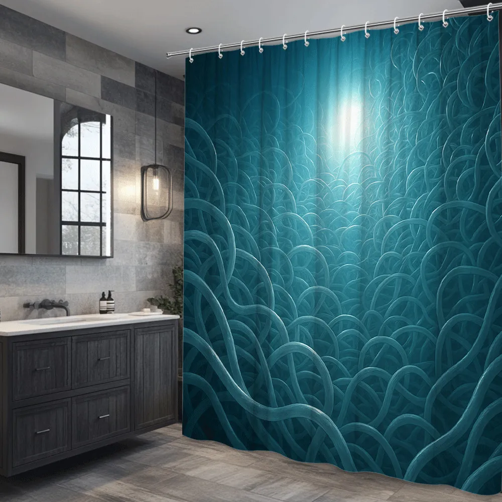 Deep Blue Ocean Wave Pattern Shower Curtain Machine Washable All Season Waterproof Privacy Protection Abstract Design Modern