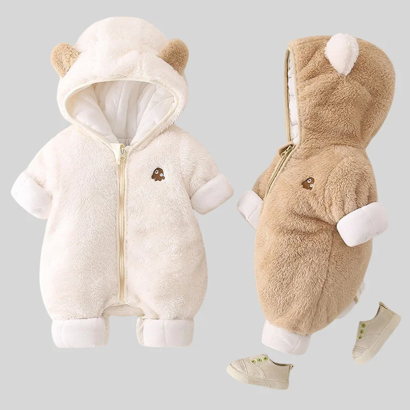 

Newborn Winter Cute Bear Hooded Onesie Double Sided Fleece Thicken Lining Warm Snowsuit 0-2Y Baby Girls & Boys Romper