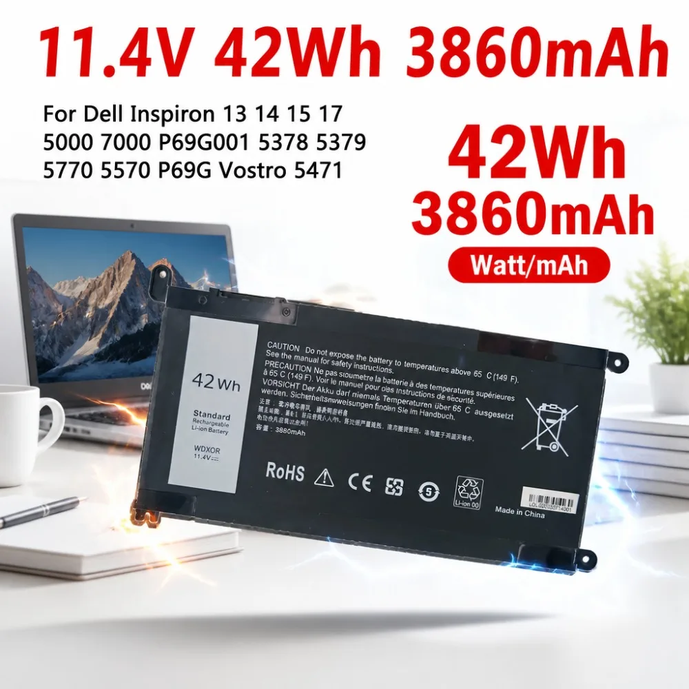 11.4V 42Wh 3860mAh WDXOR Laptop Battery for Dell Inspiron 13-5368/5378/5379/7368/7378 High Capacity Long-Lasting Replacement