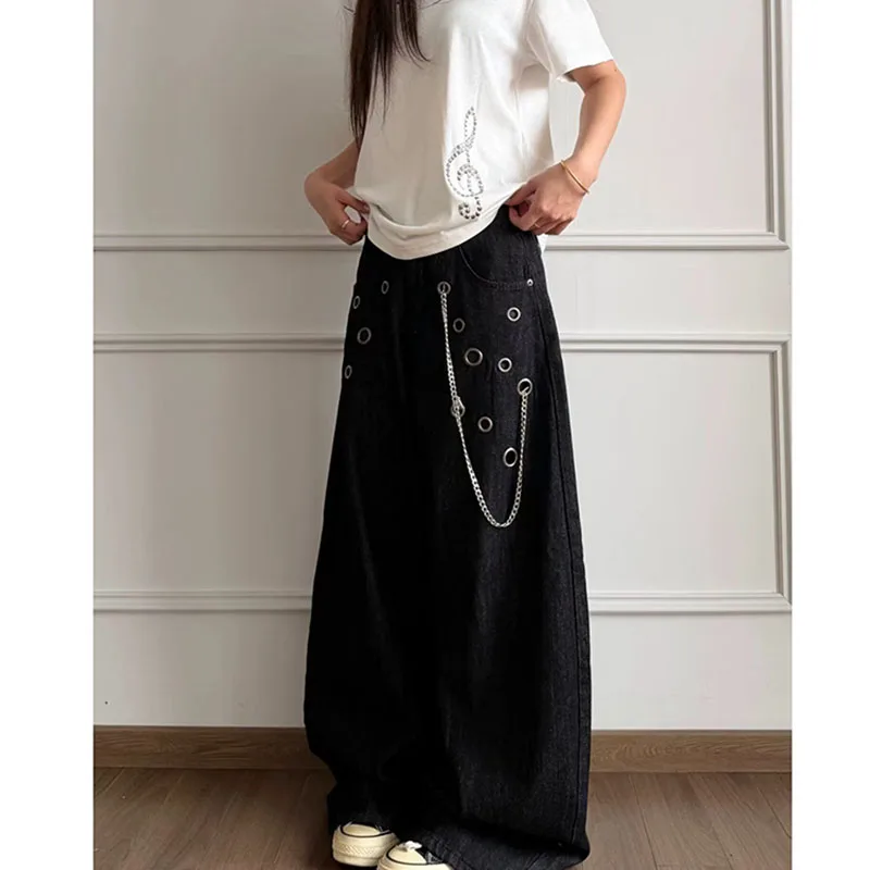 Women Vintage Rivet‑Chain High‑Rise Washed Distressed Jeans Lady Summer Loose Versatile Straight‑Leg Denim Long Trousers