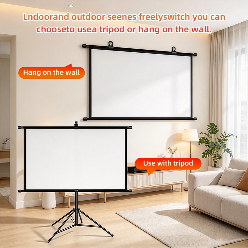 Tripod Projector Screen 16:9 4K HD 2 Ways Installation Wall Hanging & Tripod Stand Projection Screen for Home Theater Office Out
