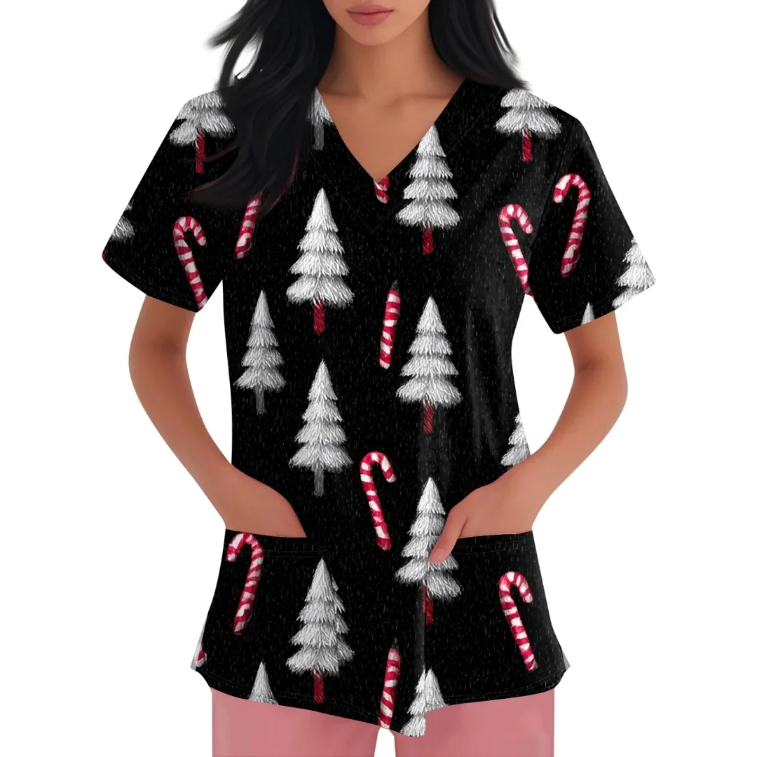 Uniformes bonitos femininos médicos natal boneco de neve padrão dental enfermagem topos com decote em v manga curta bolso santa impressão uniformes enfermeira
