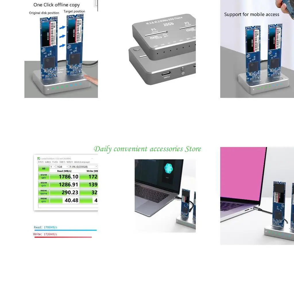 

97QB for M.2 NVME SSD Enclosure Aluminum Dual Bay with Offline Clone Function USB C 3.2 Gen2 20Gbps for M for Key & for M/B f