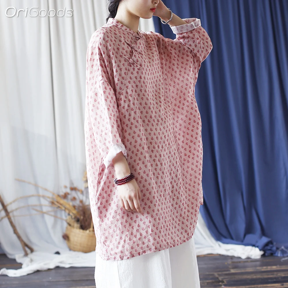 OriGoods Camicia lunga stampata rosa oversize in lino Donna Abiti in stile cinese Ramie 100% Camicetta lunga estiva Top oversize X024