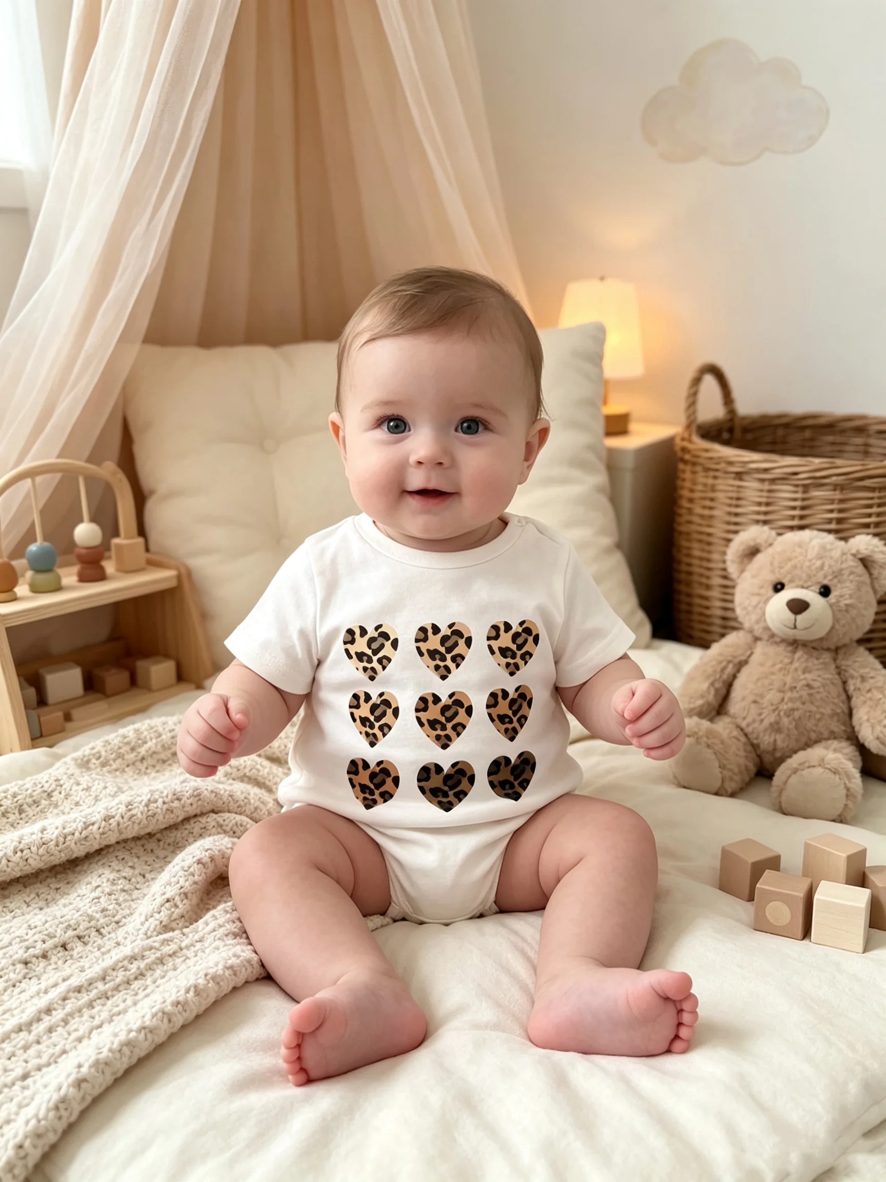 Leopard Print Heart Pattern T-Shirt for Kids Casual Comfortable Short Sleeve Solid Color Top 2026 Children's Clothing