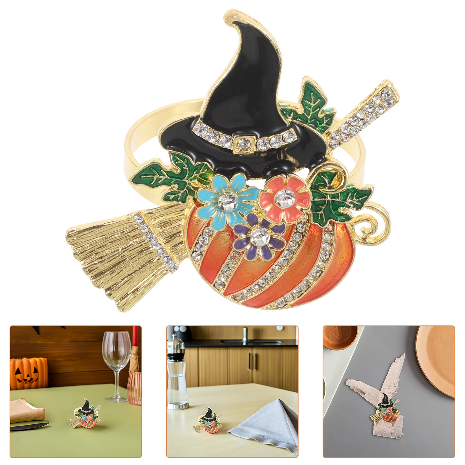 

4Pcs Halloween Napkin Rings Pumpkin Metal Rhinestone Holder Broom Witch Hat Party Dinner Banquet Table Accessory