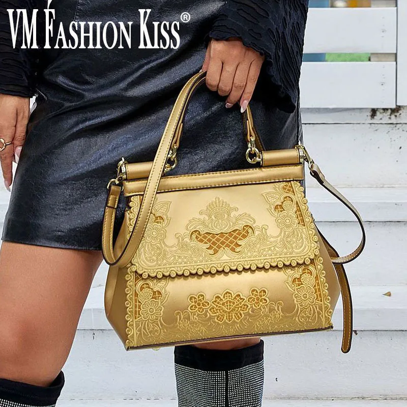 VM FASHION KISS 2024 Lace Design Top-Handle Bags Women Frame Handbag Hollow Out Microfiber Messenger Bag Material High Quality