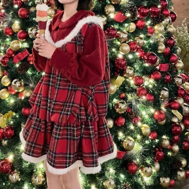 Korean Fashion Vintage Red Plaid Mini Dress Autumn Winter Christmas Kawaii Long-sleeved Doll Collar Plush Edge Women Short Dress