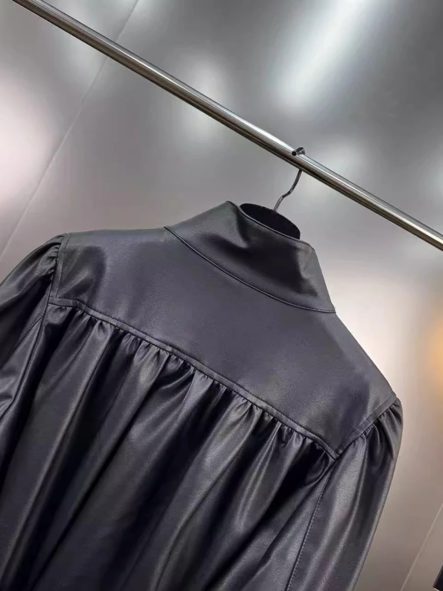 VGH Sashes Decorative Slimming Coat for Women Stand Collar Long Sleeve Spliced Double Breasted PU Leather Jacket Female Autumn - Image 4