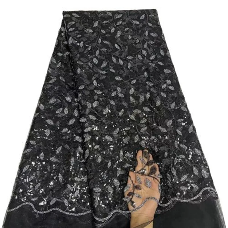 

2023 Black Soft African Lace Fabric 5 Yards High Quality French Tulle Sequins Embroidery Nigerian Wedding Asoebi Sewing Material