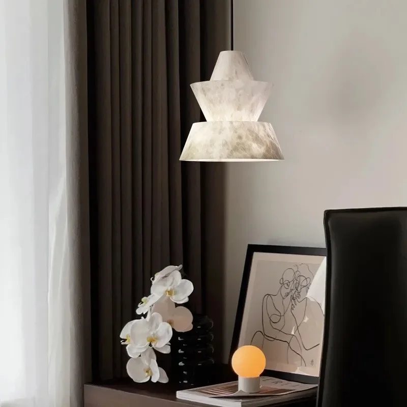 Art Decor Modern Marble Alabaster Suspension Luminaire Interior Suspended Cord Pendnat Light for Bedside Kitchen Dining Table