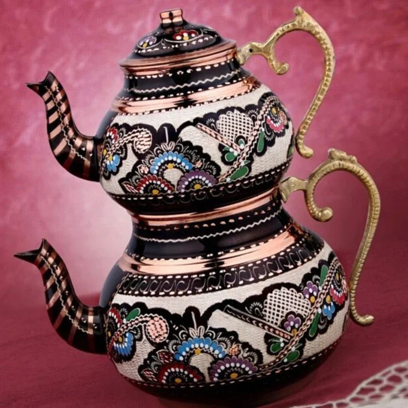 

Turkish Black Teapot Handmade Thick Copper Painted Carved Mother and Child Home Creative Ottoman Tea Set