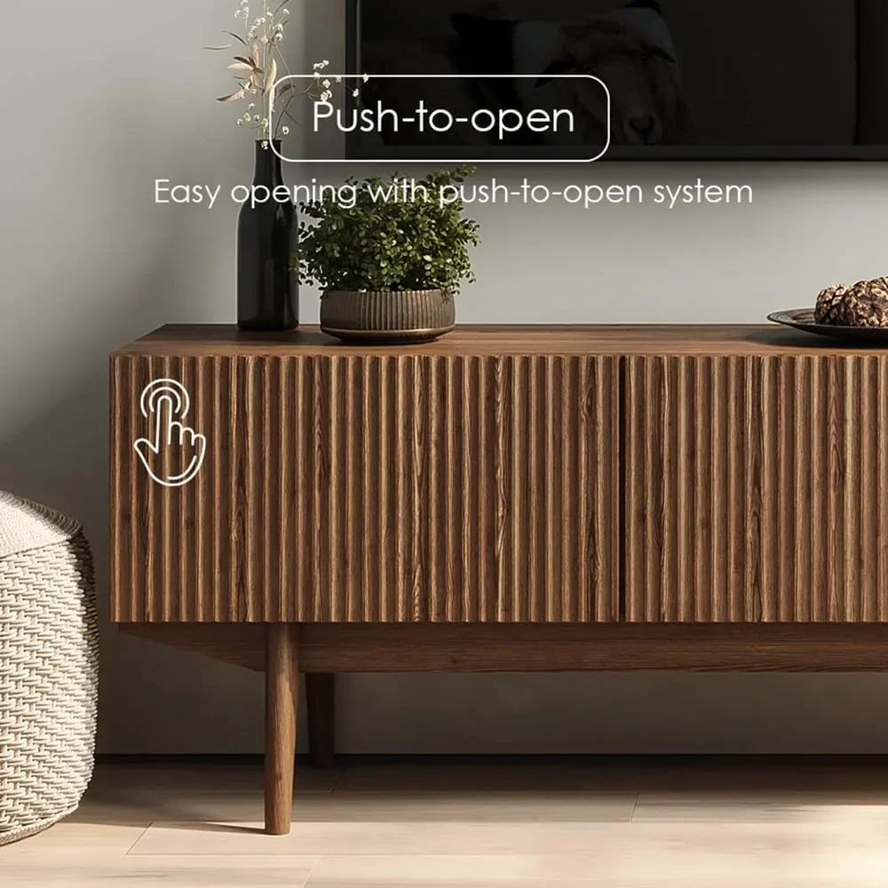 حامل تلفزيون إسكندنافي مقاس 59 بوصة بتصميم مخدد ووحدة تحكم الوسائط البنية ذات أرجل خشبية تناسب تلفزيونات مقاس 50-70 بوصة