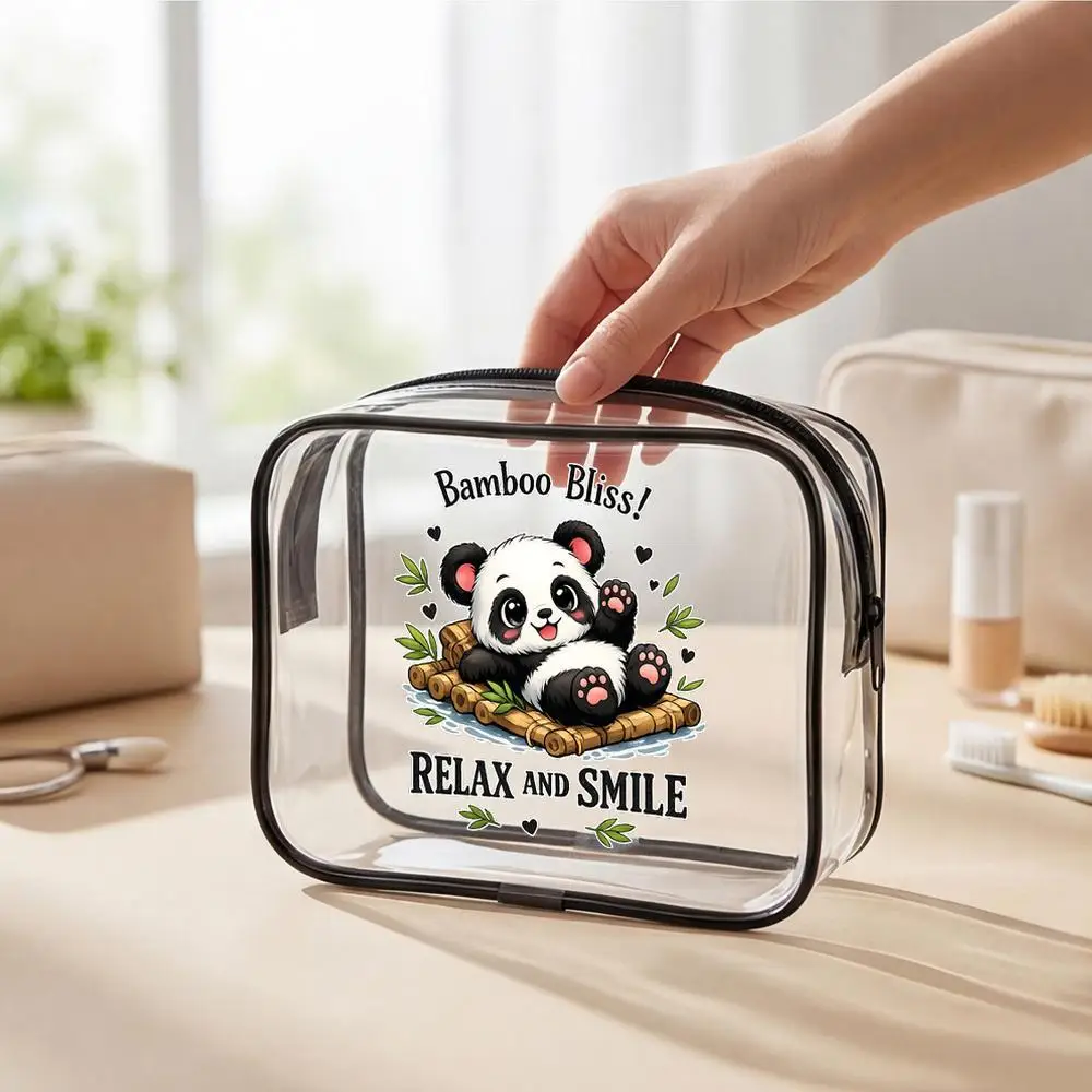 Cosmetic Pouches Adorable For Panda And Bamboo Raft Transparent PVC Zipper Makeup Case Kawaii Design Featuring Heart And Bamboo