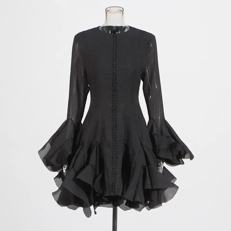 

Women's Dress Irregular Pleated Patchwork Fashion Long Lantern Sleeve Waist Cinching Mini Dresses 2025 Fashion