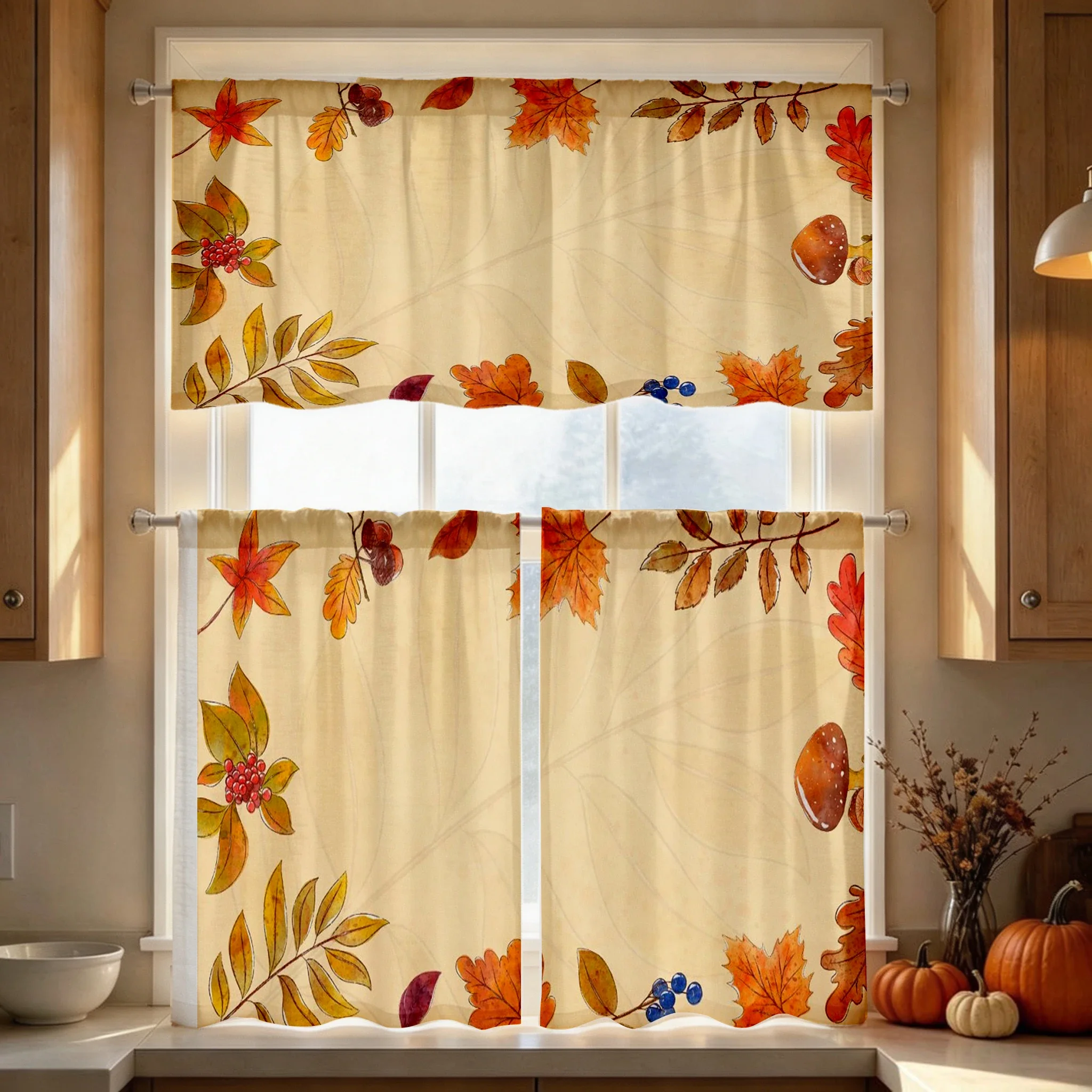 Thanksgiving Fall Kitchen Curtains, Leaf Mushroom Berry, Digital Print, Kitchen Dining Room, Rod Pocket Polyester, Home Decor