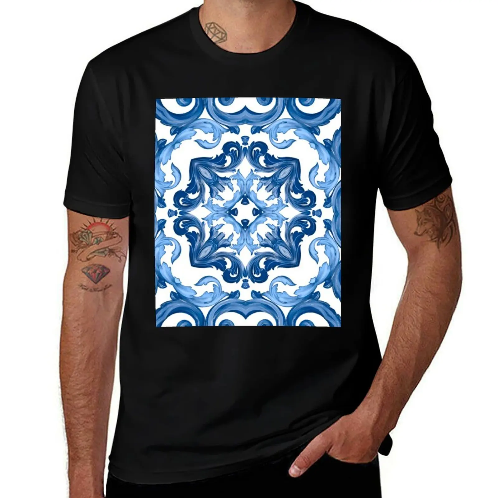 Summer,blue tiles,mosaic,Sicilian style, pattern T-Shirt t shirt man designer T-Shirt
